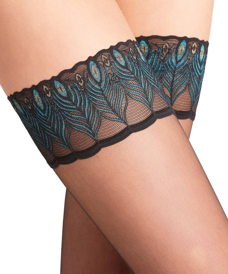 FALKE Women's Lunelle Peacock 8 Denier Thigh Highs, Non Slip Colorful Feather Lace, Ultra-Sheer Transparent, Nylon, Black (Black 3009), US shoe 7.5-8, 1 Pair - Image 4